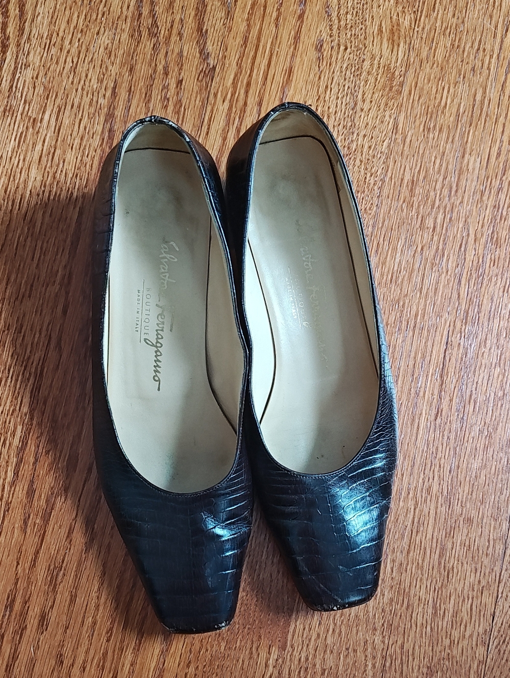 Salvatore Ferragamo Brown Croc-Embossed Square-Toe Pumps